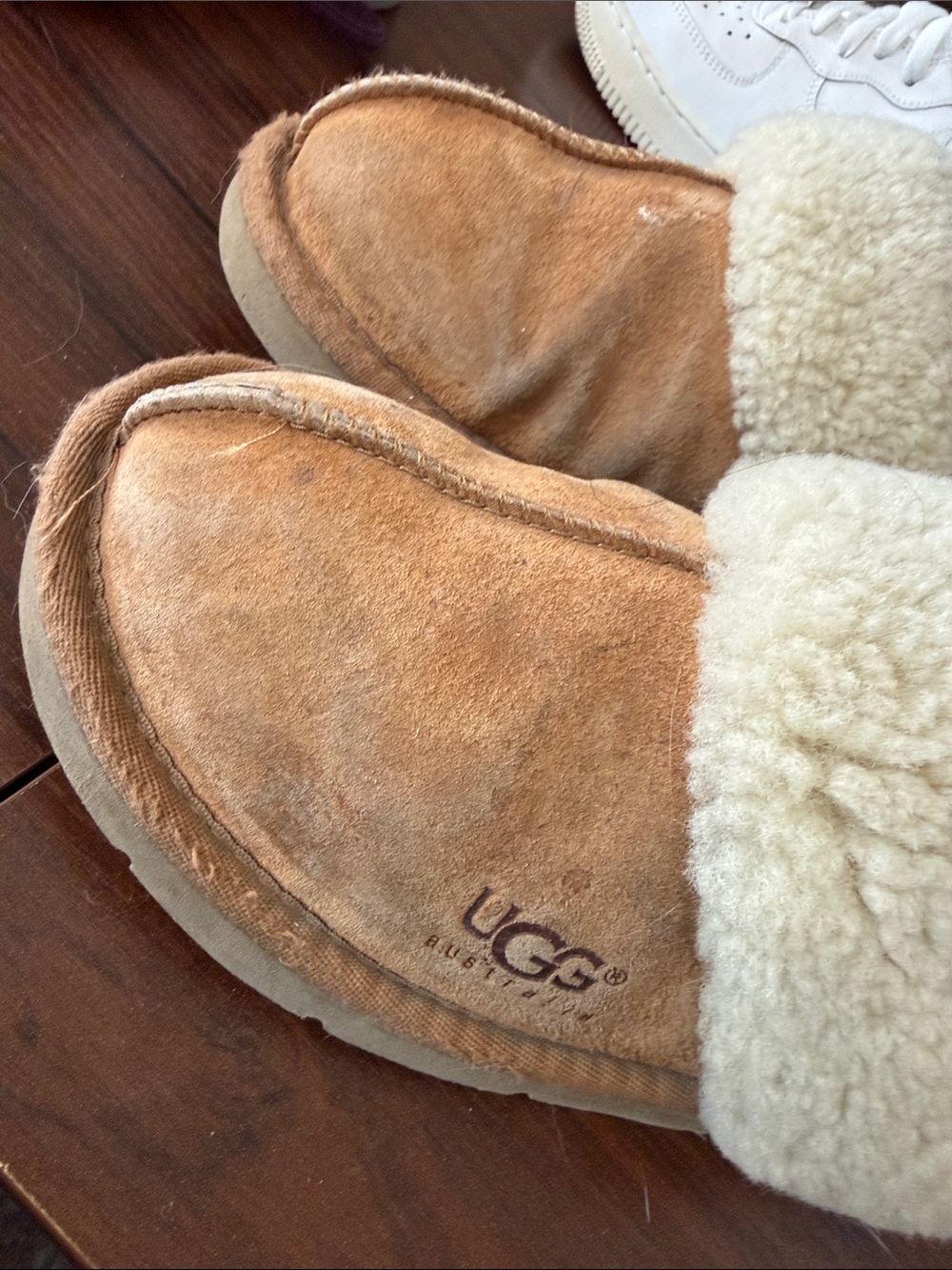 UGG Chestnut Suede Shearling Slippers with Cream Cuff